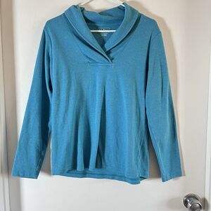 LL Bean womens Shawl Collar Blue long sleeve terry Cotton Shirt Top Size M